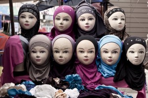 A stand of tunisian medina shows colored veils on October 21, 2012. In Tunisia, as in every Muslim country, almost all women wear the veil.