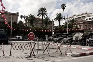 The French embassy in Tunis on  October 19, 2012 protected by military tanks and barbed wire, following the publication of cartoons against the prophet Muhammad by French magazine Charlie Hebdo, in September 2012.