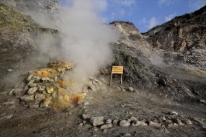 Fumaroles emerge from the Solfatara crater in Pozzuoli, Italy on April 12, 2014. Fumaroles are volcanic steam releases that contain sulfur causing a malodour similar to addle eggs.  