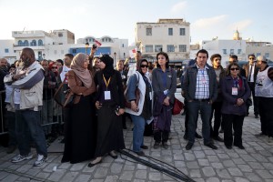 Tunisians journalists and staff of Moncef Marzouki, leader of the centre-left secular political party CPR (Congress for the Republic) during a campaign meeting in Bizerte, north-east of Tunis on November 19, 2014.