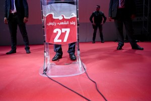 Leader of the Popular Front, spokesman of the Tunisian Workers’ Party and presidential candidate Hamma Hammami speaks during a meeting held at Sports palace in the Olympic city of El Menzah in Tunis on November 16, 2014.