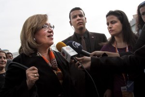 Former chairwomen of the judges association and presidential candidate, Kalthoum Kannou speaks with journalists after voting in the country’s first post-revolution presidential election at a polling station in Tunis on November 23, 2014.