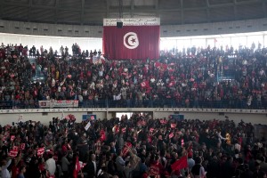 Supporters of the leader of Popular Front, spokesman of the Tunisian Workers’ Party and presidential candidate Hamma Hammami during a meeting held at Sports palace in the Olympic city of El Menzah in Tunis on November 16, 2014.