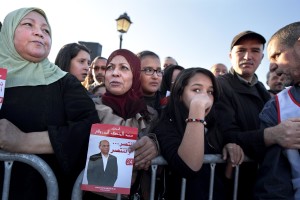 Supporters of Moncef Marzouki, leader of the centre-left secular political party CPR (Congress for the Republic) during a campaign meeting in Bizerte, north-east of Tunis on November 19, 2014.