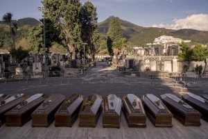 The coffins of 26 teenage migrant women found dead in the Mediterranean sea in early November, during the inter religious funeral service at the cemetery of Salerno, southern Italy on November 17, 2017. The bodies of the victims were found floating in the water by Cantabria Spanish ship last November 5.