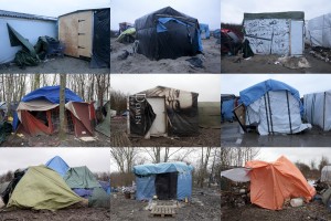 A combination of pictures taken between January 27, 2016 and January 31, 2016 shows tents inside migrants camp in Calais and Grande-Synthe in France.