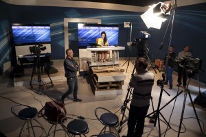 May 4, 2016 – Naples, Italy: Backstage of Tg Made in Scampia News inside TV Campane studio, the issuer who has decided to host the TG news in Melito, southern Italian city of Naples. The TG News, designed by Rosario Esposito La Rossa and Nunzio Marigliano and presented by Maddalena Stornaiuolo is a real independent start-up with the aim of telling the good news of Scampia district, those often without eliciting the interest of large national and foreign media: the cultural ferment, the resistance to the Camorra of people who believe in honesty, young boys and girls who have found their way in the sport, associations, theater, etc. All the TG staff work on a voluntary basis.