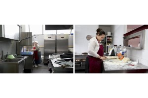 March 13, 2016 – Naples, Italy – Gypsy women at work inside the kitchen of Chikù restaurant in Scampia, Secondigliano district. Chikù is the first Italian-Romanian restaurant, where the Neapolitan and Balkans cuisine merge in a common size. Besides being a gastronomic space, the Chikù restaurant is a place of integration and pedagogical experimentation dedicated to children, families, young people, students, workers, and to anyone who wants to meet and communicate, have fun and socialize.