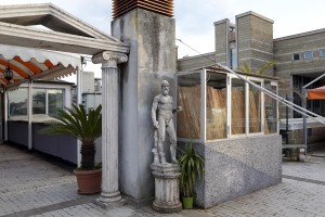 March 7, 2016 – Naples, Italy – A statue is seen on the terrace of Chikù restaurant in Scampia, Secondigliano district.