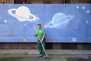 June 8, 2016 – Naples, Italy: The member of the association “Pollici Verdi” Vincenzo Sorrentino is portrayed near a mural inside “Corto Maltese” park in Scampia district. Since three years a group of citizens called “Pollici Verdi” take care of “Corto Maltese” pak and self-tax with about 10 euro per month each, with the goal of saving the municipal gardens from degradation.