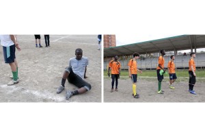 Migrants coming mainly from Mali, Gambia and Nigeria play football with Italian boys during the national event “Antiracist Mediterranean” in Scampia district, near Naples on May 13, 2016. “Antiracist Mediterranean” has the aim to break down the barriers and constructs rights thanks to the sports instrument and culture.