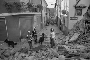 LAZIO, ITALY – AUGUST 24: Rescuers search for victims in the rubble after a strong earthquake hit Amatrice on August 24, 2016. Italy was struck by a powerful, 6.2-magnitude earthquake in the night, which has killed at least 297 people and devastated dozens of houses in the Lazio village of Amatrice.