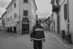 NORCIA, ITALY, NOVEMBER 2: A firefighters is seen in the ancient city of Norcia, in Italy, on November 2, 2016. A 6.5 magnitude earthquake hit central Italy on October 30, 2016.