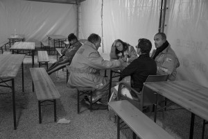 NORCIA, ITALY, OCTOBER 31: Civil protection officials are seen in a tent in Norcia, Italy, on October 31, 2016. A 6.5 magnitude earthquake hit central Italy on October 30, 2016.