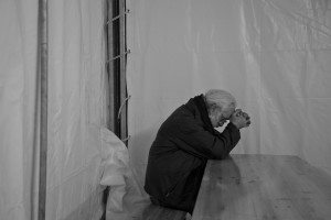 NORCIA, ITALY, OCTOBER 31: A man is seen in despair inside a tent in Norcia, Italy, on October 31, 2016. A 6.5 magnitude earthquake hit central Italy on October 30, 2016.