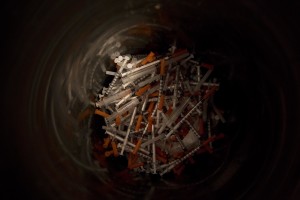 Hundreds of syringes used by fentanyl addicts are seen inside of a bin at Convictus center in Tallinn, Estonia on March 17, 2017. Convictus is a center which has been offering syringe exchange and social/psychological counseling to injecting drug addicts since 2003.