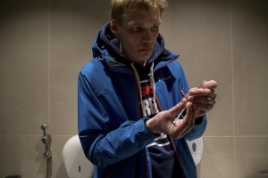 Karl, 26 years old, prepares a syringe of fentanyl inside the toilet of a shopping center of Kopli, Tallinn, Estonia on March 16, 2017. Kopli is considered one of the neighborhoods with the higest number of fentanyl addicts in the city.