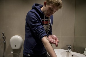 Karl, 26 years old, injects a dose of fentanyl inside the toilet of a shopping center of Kopli, Tallinn, Estonia on March 16, 2017. Kopli is considered one of the neighborhoods with the higest number of fentanyl addicts in the city.