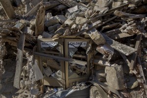 A collapsed building inside the red zone almost one year after the earthquake in the village of Amatrice, central Italy on August 1, 2017. Italy was struck by a powerful 6.2 magnitude earthquake in the night of August 24, 2016 which has killed at least 297 people and devastated dozens of houses in the Lazio village of Amatrice and other Amatrice fractions.