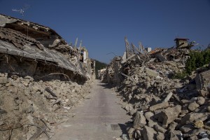 A general view of the red zone almost one year after the earthquake in the village of Amatrice, central Italy on August 1, 2017. Italy was struck by a powerful 6.2 magnitude earthquake in the night of August 24, 2016 which has killed at least 297 people and devastated dozens of houses in the Lazio village of Amatrice and other Amatrice fractions.