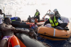 Migrants are rescued by members of German NGO Sea-Watch in the Mediterranean Sea on November 6, 2017. During a shipwreck, five people died, including a newborn child. According to the German NGO Sea-Watch, which has saved 58 migrants, the violent behavior of the Libyan coast guard caused the death of five persons.