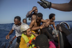 Migrants are rescued by members of German NGO Sea-Watch in the Mediterranean Sea on November 6, 2017. During a shipwreck, five people died, including a newborn child. According to the German NGO Sea-Watch, which has saved 58 migrants, the violent behavior of the Libyan coast guard caused the death of five persons. Alessio Paduano