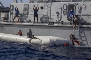 The Libyan Coast Guard tries to recover migrants from a rubber dinghy and invites violently and threateningly the German NGO Sea-Watch – who was performing rescue operations – to go away in the Mediterranean Sea on November 6, 2017. During a shipwreck, five people died, including a newborn child. According to the German NGO Sea-Watch, which has saved 58 migrants, the violent behavior of the Libyan coast guard caused the death of five persons.