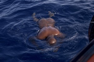 The corpse of a migrant is seen in the Mediterranean Sea on November 6, 2017. During a shipwreck, five people died, including a newborn child. According to the German NGO Sea-Watch, which has saved 58 migrants, the violent behavior of the Libyan coast guard caused the death of five persons.