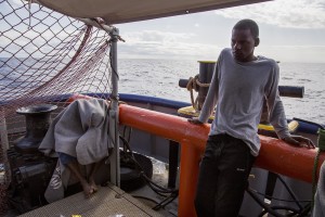 Migrants are seen on board of German NGO Sea-Watch ship after their rescue in the Mediterranean Sea on November 7, 2017. During the shipwreck November 6,2017 five people died, including a newborn child. According to Sea-Watch, which has saved 58 migrants, the violent behavior of the Libyan coast guard caused the death of five persons. Sea-Watch is a non-governmental organisation founded on May, 19 2015 and is formally registered as a non-profit organisation in Berlin.