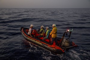 Sea-Watch crew member are seen during training activities to simulate a migrants rescue operation in the Mediterranean sea on November 4, 2017.  Sea-Watch is a non-governmental organisation founded on May, 19 2015 and is formally registered as a non-profit organisation in Berlin.