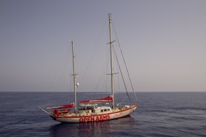 A general view of the “Astral” ship of the Spanish NGO Proactiva Open Arms in the Mediterranean sea on July 17, 2018.