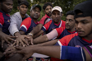 Players are seen before a match of “elle” in Naples, Italy on September 29, 2019. Every Sunday hundreds of people belonging to the Sri Lankan community in Italy gather in the “Real Bosco di Capodimonte” of Naples and play “elle”, a very popular Sri Lankan bat-and-ball game, often played in rural villages and urban areas.