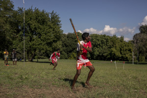 A moment of a match of “elle” in Naples, Italy on September 29, 2019. Every Sunday hundreds of people belonging to the Sri Lankan community in Italy gather in the “Real Bosco di Capodimonte” of Naples and play “elle”, a very popular Sri Lankan bat-and-ball game, often played in rural villages and urban areas.