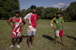 Players of “Semuthu Thoduwawa” team are seen before a match of “elle” in Naples, Italy on September 29, 2019. Every Sunday hundreds of people belonging to the Sri Lankan community in Italy gather in the “Real Bosco di Capodimonte” of Naples and play “elle”, a very popular Sri Lankan bat-and-ball game, often played in rural villages and urban areas.