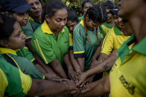 Players are seen before a match of “elle” in Naples, Italy on September 29, 2019. Every Sunday hundreds of people belonging to the Sri Lankan community in Italy gather in the “Real Bosco di Capodimonte” of Naples and play “elle”, a very popular Sri Lankan bat-and-ball game, often played in rural villages and urban areas.