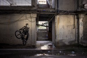 A stencil is seen inside one of the famous “vele” of Scampia, in Naples, Italy on February 12, 2020. The demolition process of one of the Scampia “vele” will begin at the end of February.