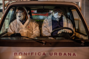 Road sanitation operations on the third day of unprecedented lockdown across of all Italy imposed to slow the spread of coronavirus in Naples, Southern Italy on March 12, 2020.