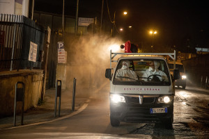 Road sanitation operations on the third day of unprecedented lockdown across of all Italy imposed to slow the spread of coronavirus in Naples, Southern Italy on March 12, 2020.