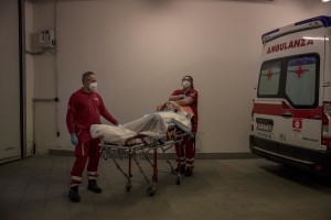 Marilisa, suspected covid-19 positive is transferred to the hospital after an emergency call to the Italian Red Cross in Nembro, province of Bergamo, Northern Italy on April 12, 2020.