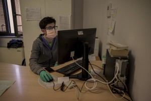 Simone, a doctor of the USCA special care unit of ATS Bergamo is seen at work inside the USCA headquarters in Treviglio, province of Bergamo, Northern Italy on April 17, 2020. The doctors of the USCA special care unit performs home visits to patients infected or with symptoms of Covid-19.