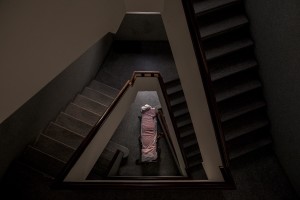 An empty stretcher is seen in the entrance hall of a building during an intervention of the Italian Red Cross in Nembro, province of Bergamo, Northern Italy on April 12, 2020.