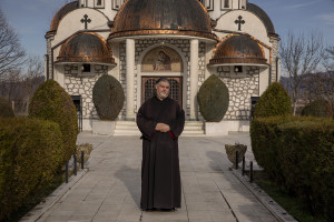 The priest and environmental activist Dusco Gruevski is portrayed inside the Saint Mary Orthodox church in Novatsi, North Macedonia on March 1, 2020. Dusco, 50 years old, was born in Bitola and has been taking medicine for ten years to control respiratory problems of which he suffers and which have caused him two pulmonary infarcts. Dusco believes that his health problems are related to environmental pollution.