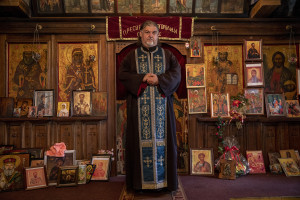 The priest and environmental activist Dusco Gruevski is portrayed inside the Saint Atanasij Orthodox church in Novatsi, North Macedonia on March 1, 2020. Dusco, 50 years old, was born in Bitola and has been taking medicine for ten years to control respiratory problems of which he suffers and which have caused him two pulmonary infarcts. Dusco believes that his health problems are related to environmental pollution.