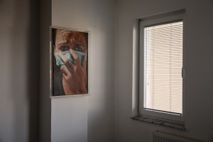 A painting by Merve Sulejmani showing a woman with mask is seen inside “Eco Guerilla” headquarter in Tetovo, North Macedonia on March 2, 2020. “Eco Guerilla” is an environmental movement born in November 2013 that mainly deals with air pollution.