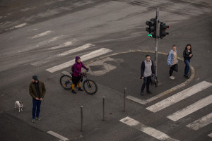 People wait at the traffic lights to be able to cross the street in Skopje, North Macedonia on March 3, 2020. According to the World Health Organization (WHO), 2,574 people die prematurely every year in Macedonia as a result of air pollution. Poor air quality in the Republic of Macedonia is mainly due to the tiny combustion particles called PM10 (10 micrometers or less in diameter) and PM2.5 (2.5 micrometers or less in diameter). These can easily penetrate deeply into the body, causing dangerous health problems and then death.