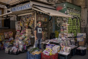 Vincenzo 39 years old, is portrayed outside his newsstand in Dante square in Naples, Italy on June 15, 2020. That of newsagents is one of the few categories that has not been affected by the economic crisis generated during the coronavirus in Italy, because even during the locdown it was allowed to remain open.