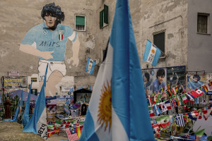A big mural depicting the Argentine soccer legend Diego Armando Maradona is seen in the Spanish Quarter in Naples, Southern Italy on November 23, 2021. Diego Armando Maradona died on November 25 of last year and next November 25, 2021 will be the anniversary of his death.