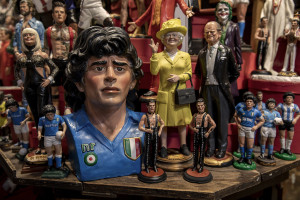Statuettes depicting the Argentine soccer legend Diego Armando Maradona are seen in San Gregorio Armeno street in Naples, Southern Italy on November 23, 2021. Diego Armando Maradona died on November 25 of last year and next November 25, 2021 will be the anniversary of his death.