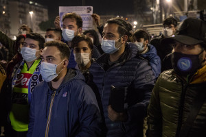 People are seen outside San Paolo stadium after the announcement of the Argentine soccer legend Diego Armando Maradona death in Naples, Italy on November 26, 2020.