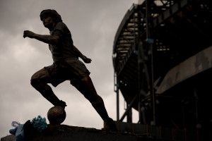 NAPLES, ITALY – NOVEMBER 25: The statue depicting the Argentine soccer legend Diego Armando Maradona is seen inside the Maradona stadium in Naples, Southern Italy on November 25, 2021. The statue was made by the Italian sculptor Domenico Sepe.